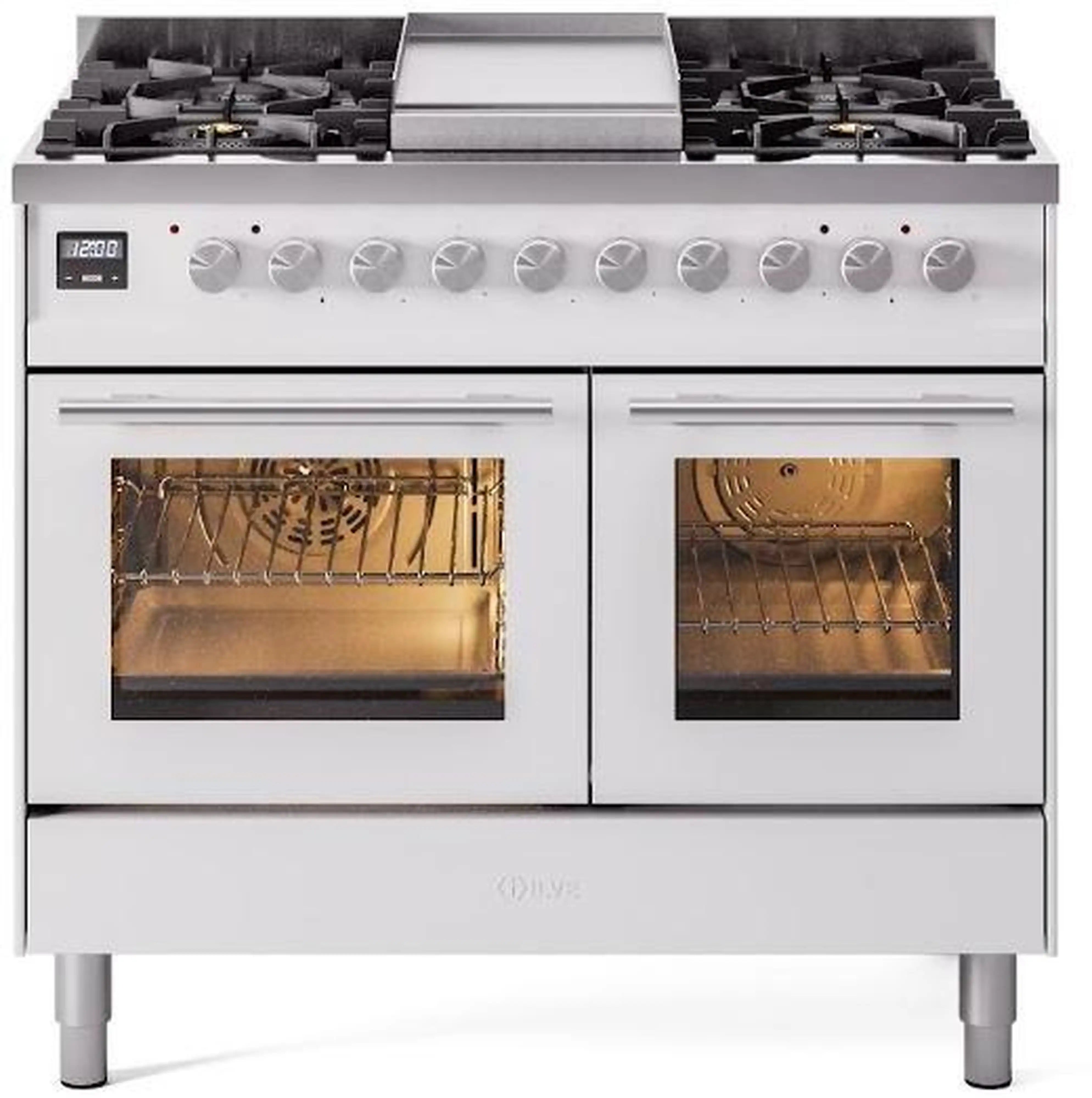 Freestanding dual fuel range in white, showing open ovens and six sealed gas burners