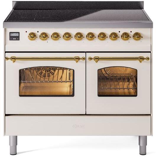 Freestanding induction range front with two oven doors and brass bar handles