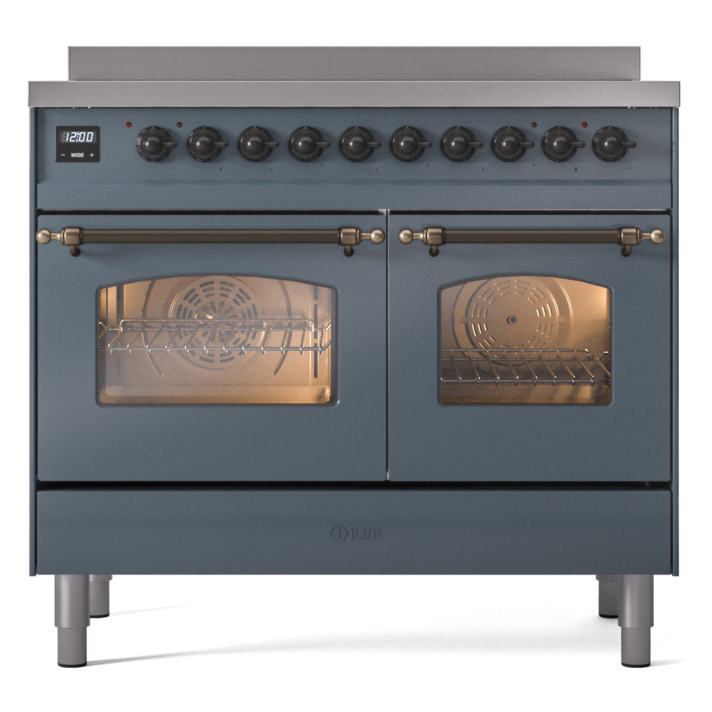 Freestanding induction range, blue-gray with bronze trim; two oven doors with viewing windows