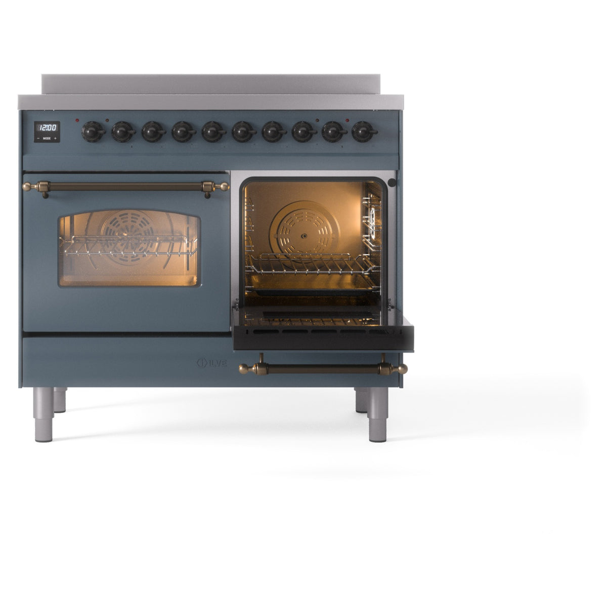 Freestanding induction range with blue-gray body; ovens open, right-side burner area visible