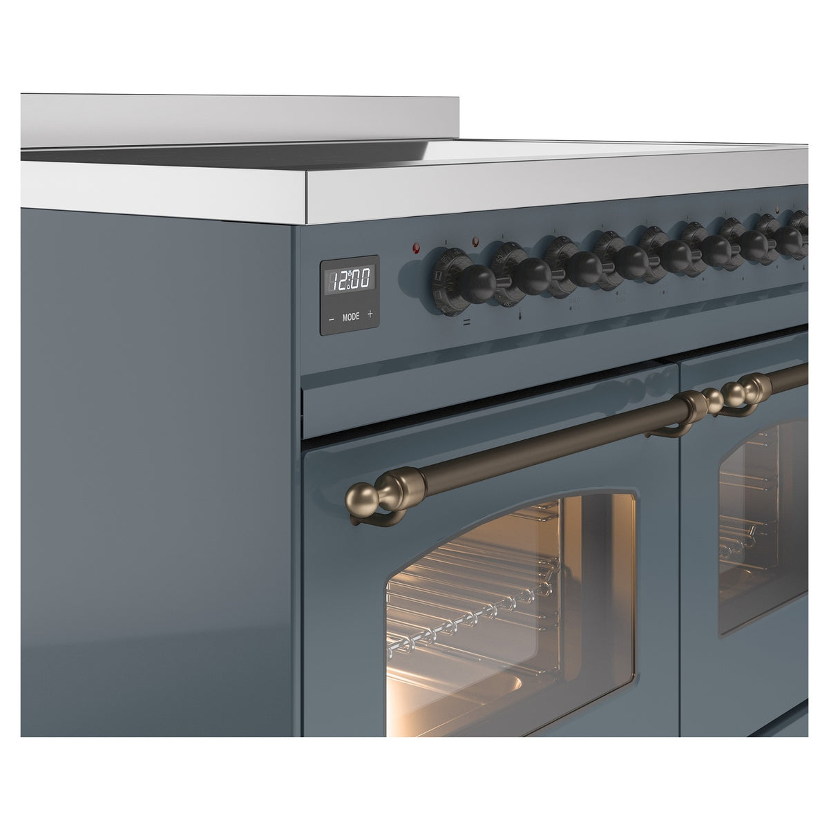 Freestanding induction range, blue-gray; control panel with knob row and digital display
