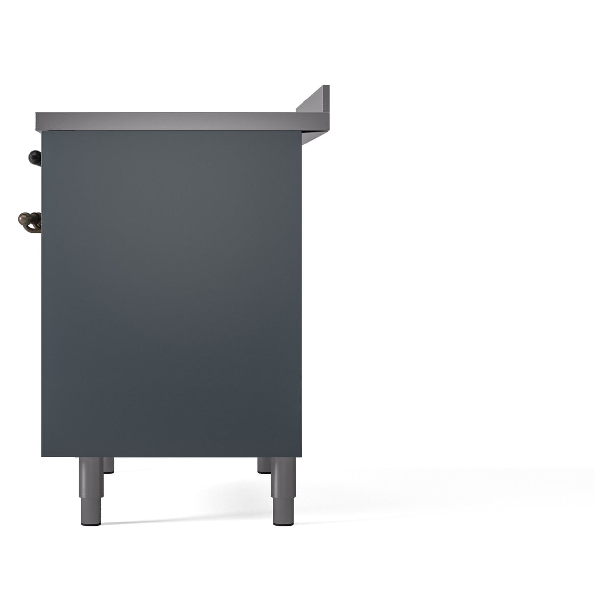 Freestanding induction range rear side in blue-gray with top overhang and legs