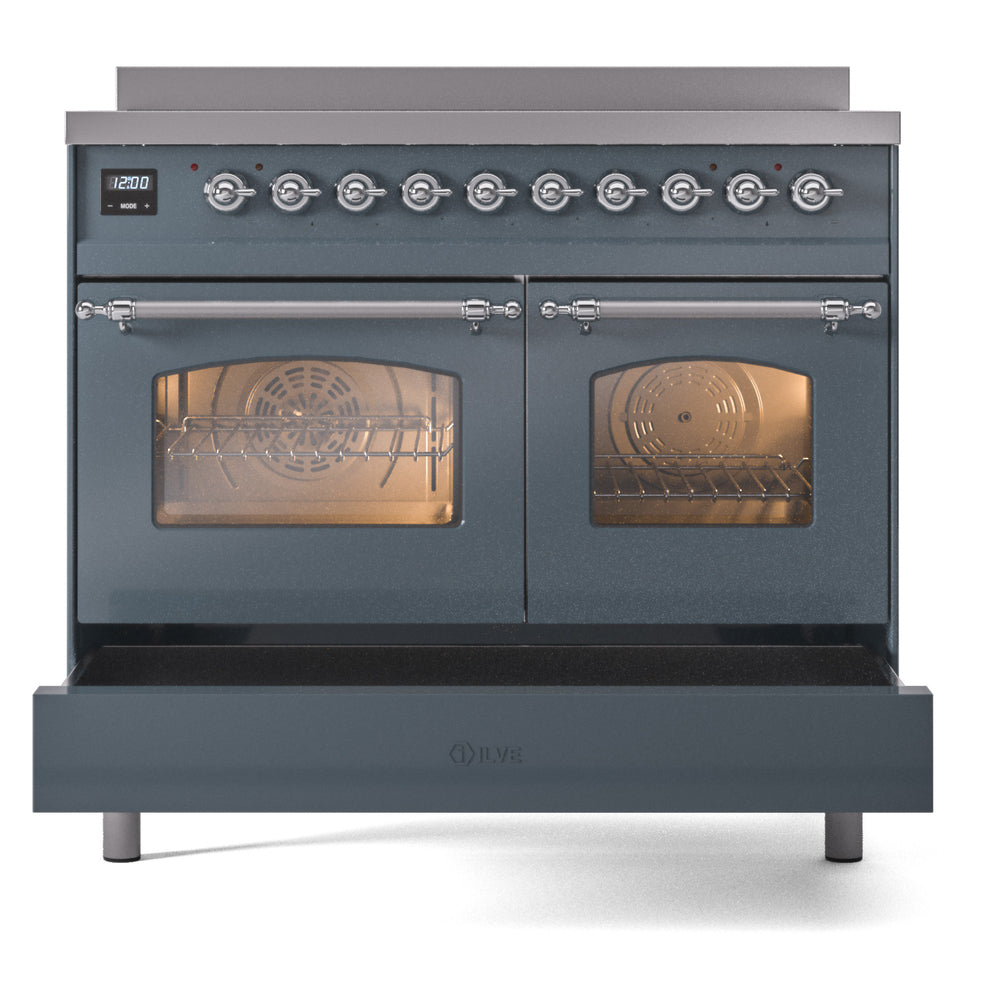 Blue grey induction range with two oven doors and chrome-trimmed control panel