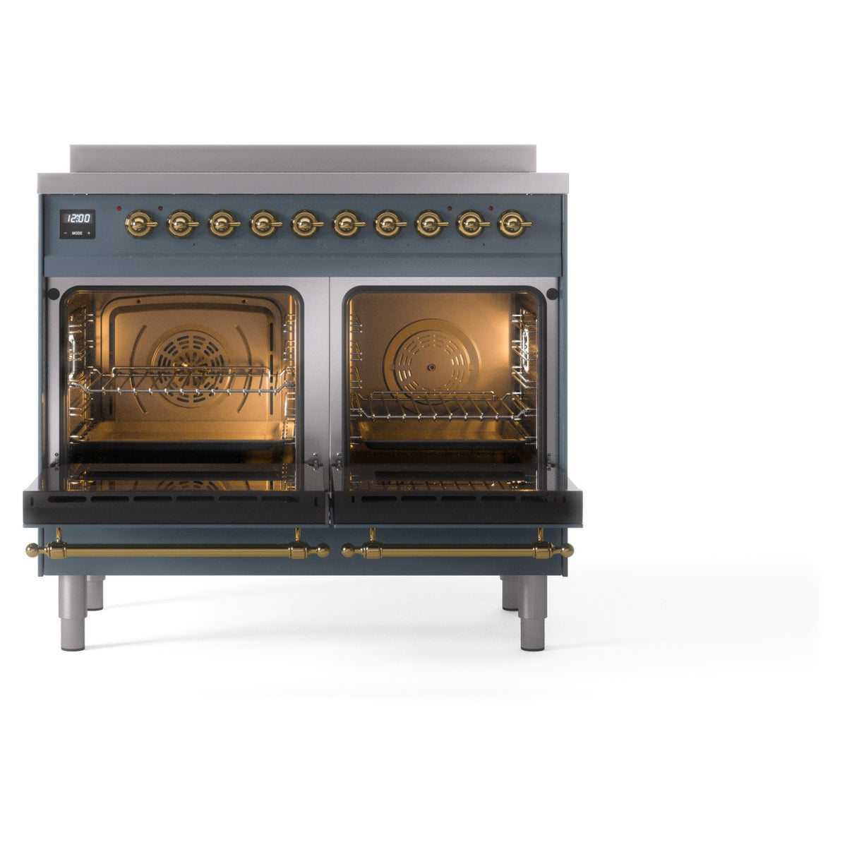 Blue-grey freestanding induction range with brass handles; both oven doors open