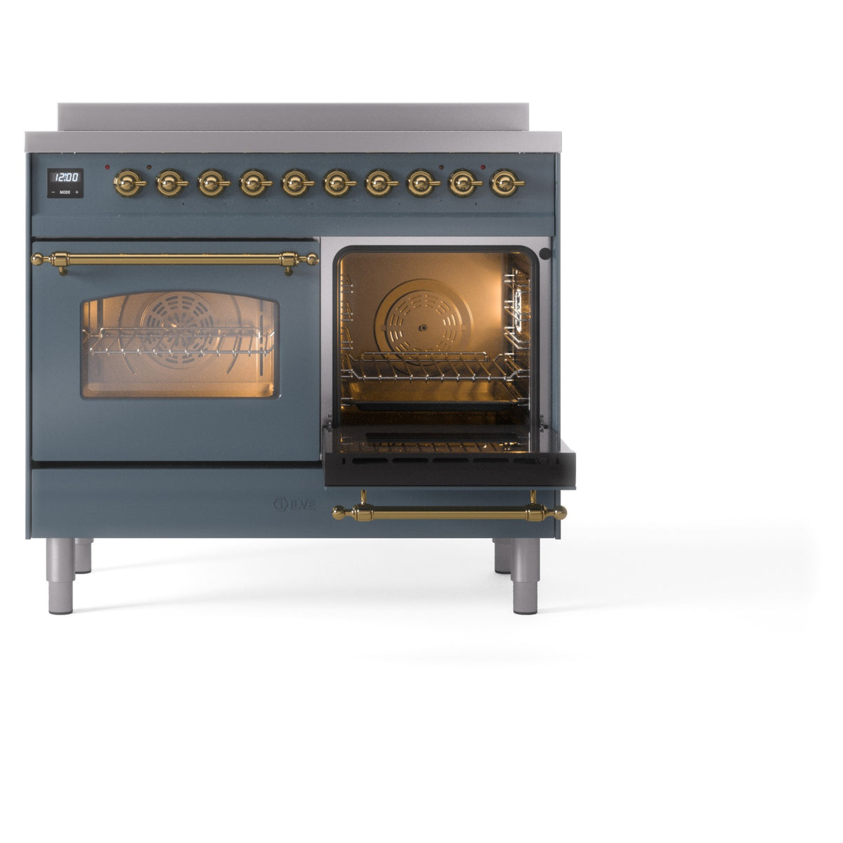 Blue-grey freestanding induction range with brass-trim door; right oven door open