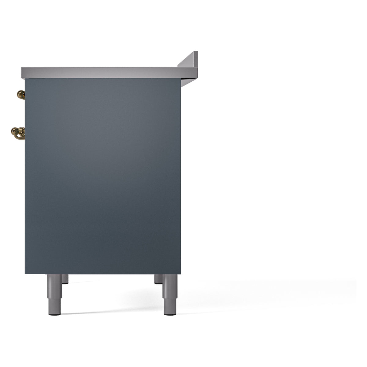 Blue-grey freestanding range back panel with brass trim and leveling feet