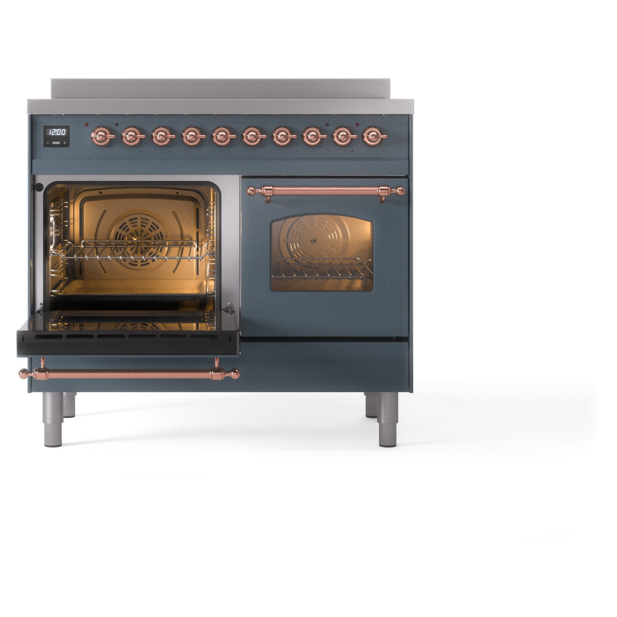 Freestanding electric induction range in blue-grey with copper knobs, one oven door open