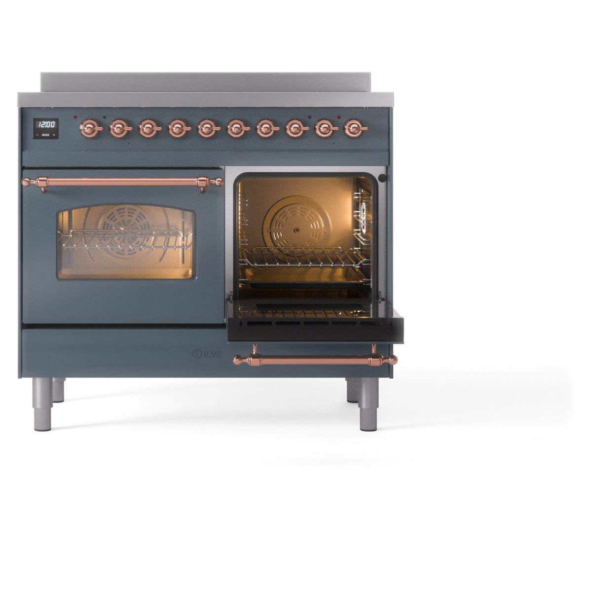 Freestanding electric induction range in blue-grey with copper trims, two oven doors visible
