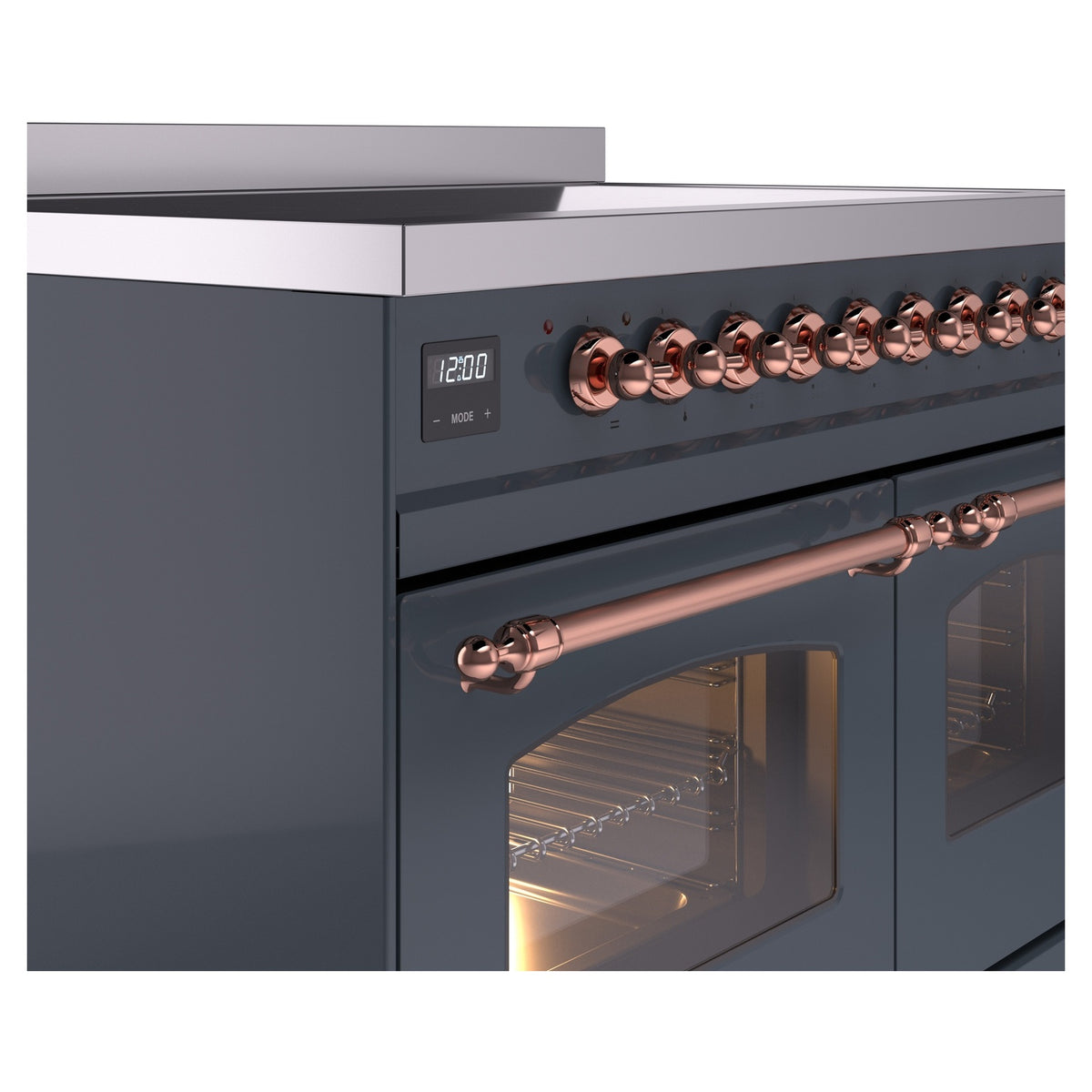 Induction range control panel with copper knob row on blue-grey front