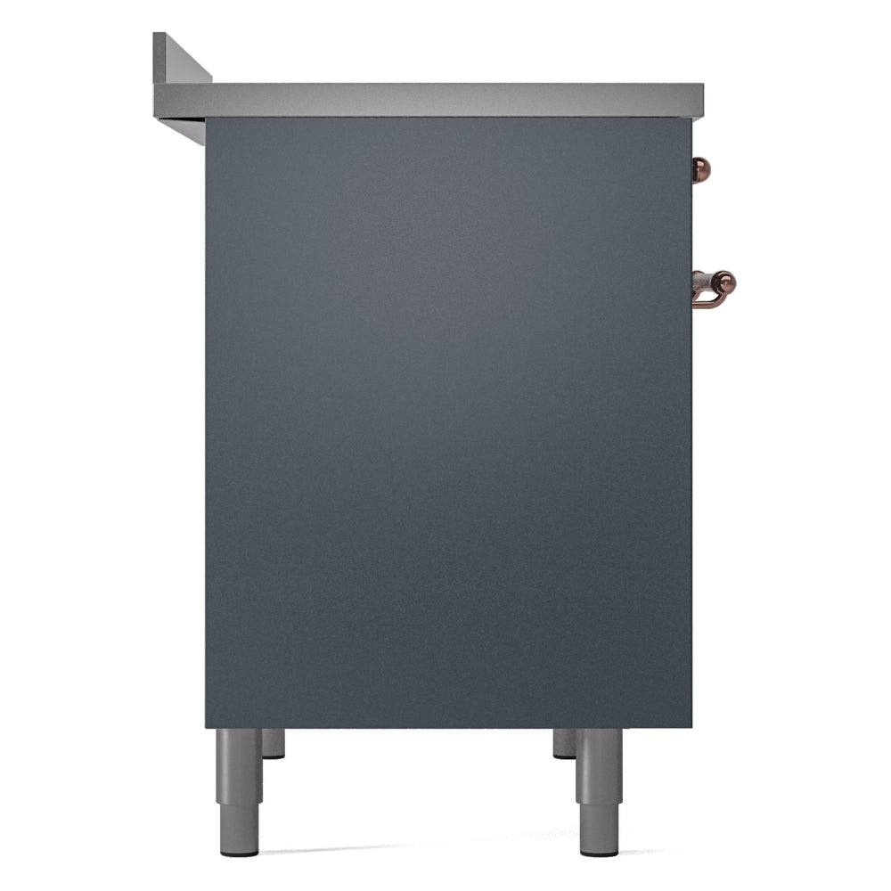 Blue-grey side panel of freestanding induction range with copper handle and feet