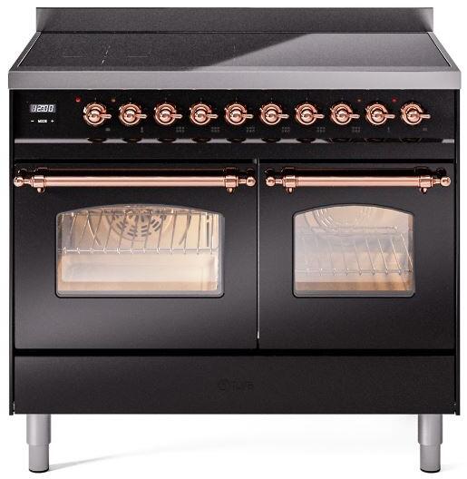 Freestanding induction range with both oven doors open and copper bar handles.