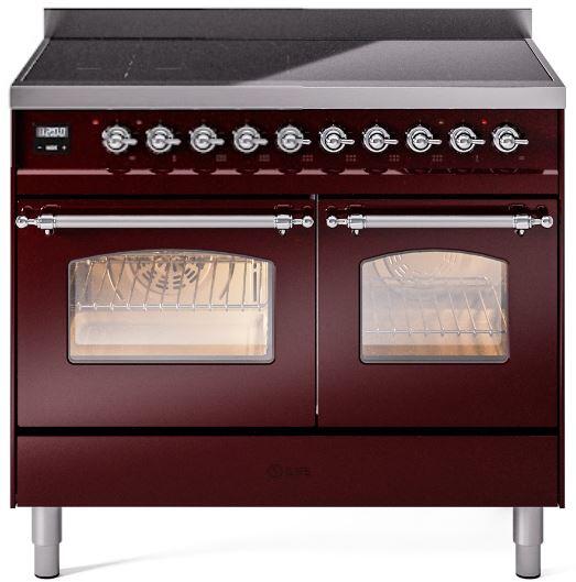 Burgundy freestanding electric induction range with two oven doors open and chrome trims