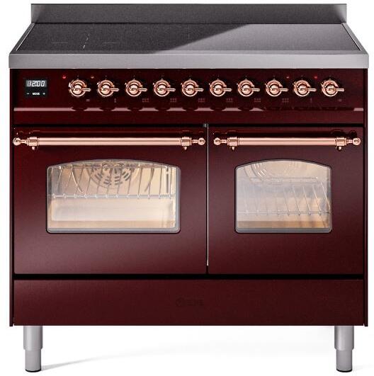 Burgundy induction range front with two oven windows and copper control knobs