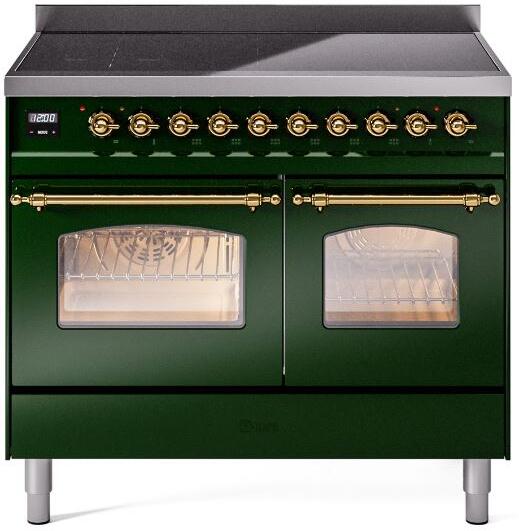 Emerald green freestanding electric range front with brass knobs and two oven windows