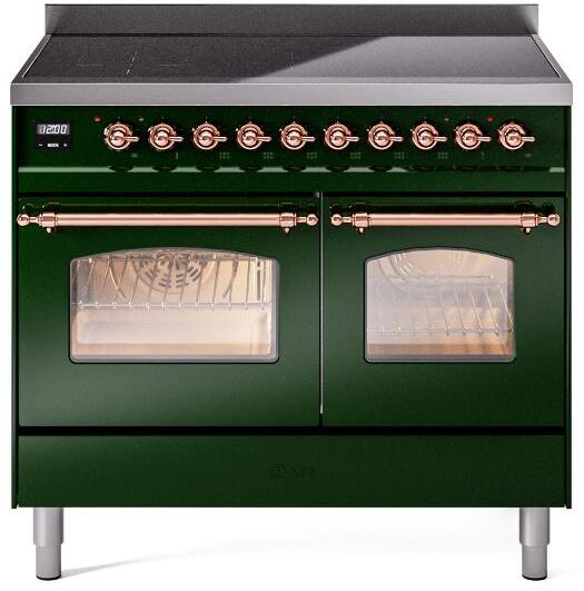 Emerald green induction range with copper trim, front knobs, and two oven doors