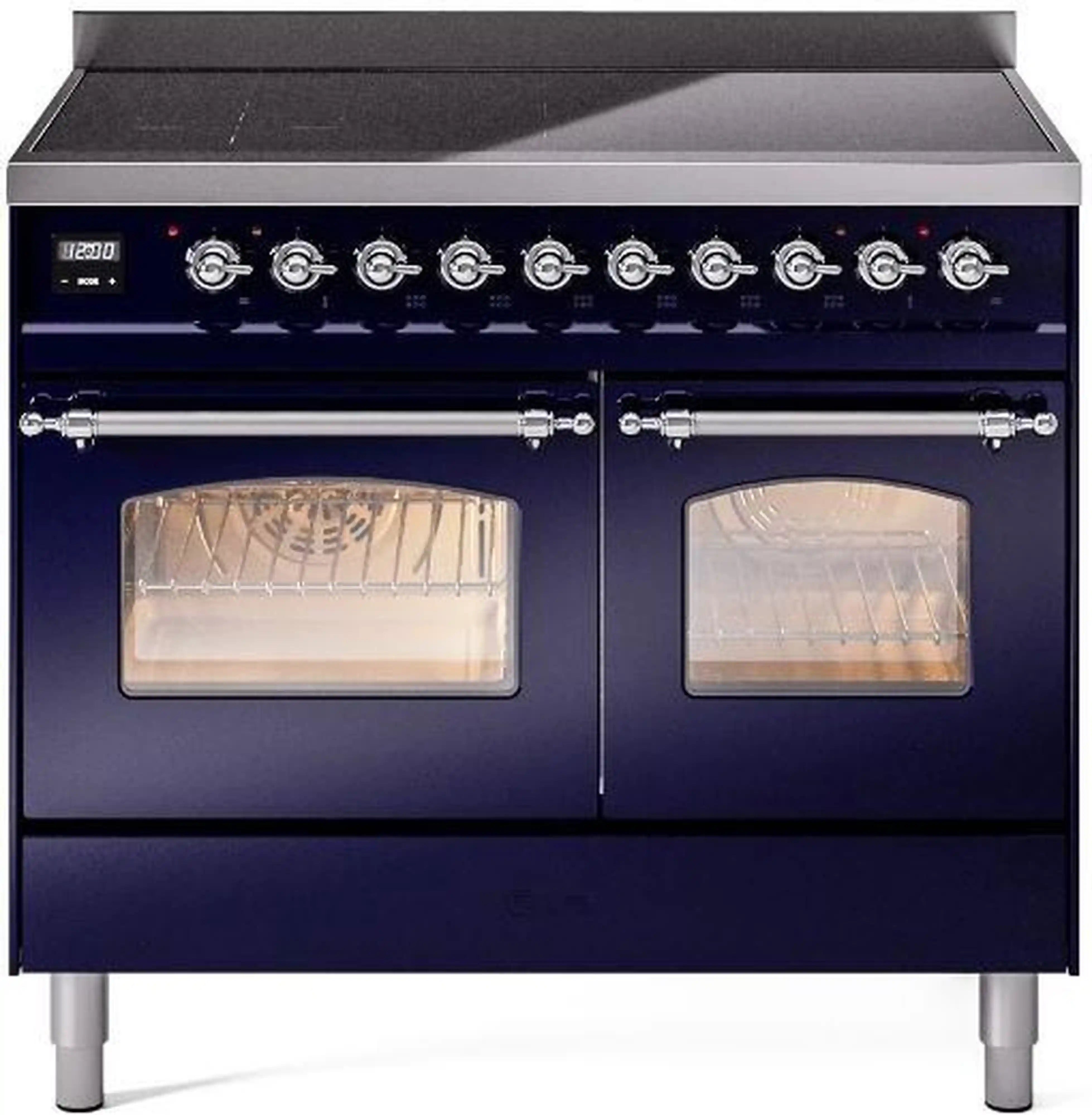 Midnight blue freestanding electric induction range with two oven doors and control knobs
