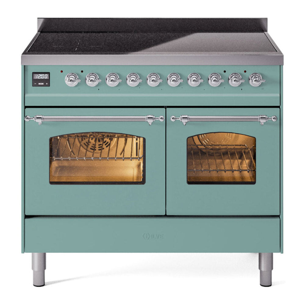 ILVE Nostalgie II 40-Inch Freestanding Electric Induction Range in Mediterranean Mint with Chrome Trim (UPDI406NMPMMC)