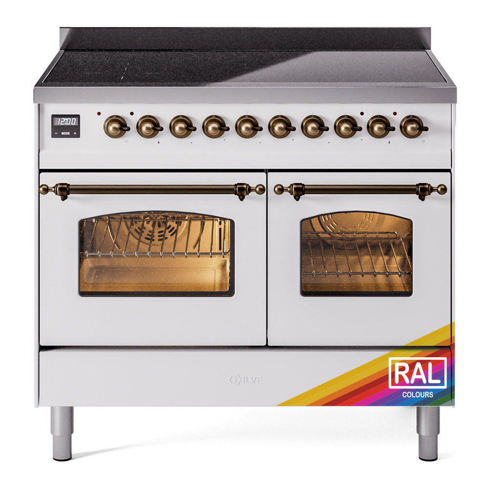 Electric induction range front with bronze knobs and two glass oven doors
