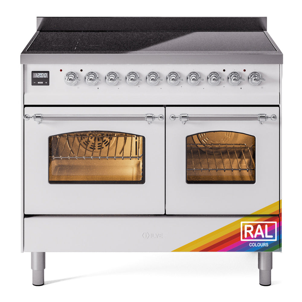 Freestanding electric induction range with dual ovens, knobs, and chrome handles