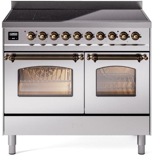 Stainless steel electric induction range with bronze-trim control knobs and double ovens
