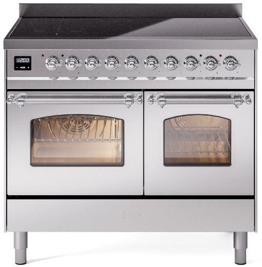 Freestanding stainless induction range with two glass-door ovens and black cooktop