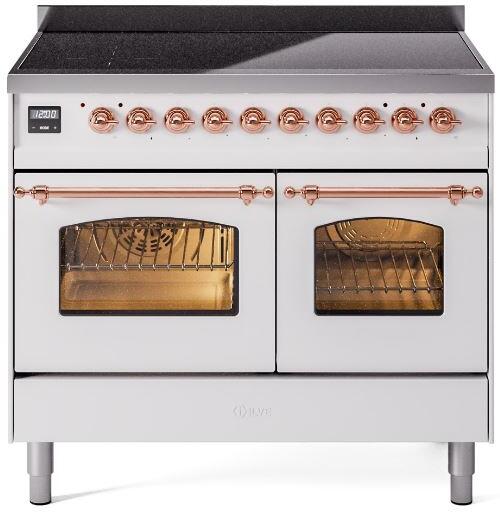 Freestanding white electric induction range with copper knobs and two oven doors
