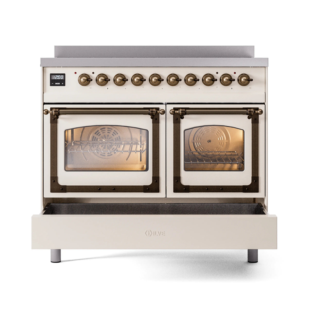 Antique white induction range with bronze-trim knobs and double oven doors closed