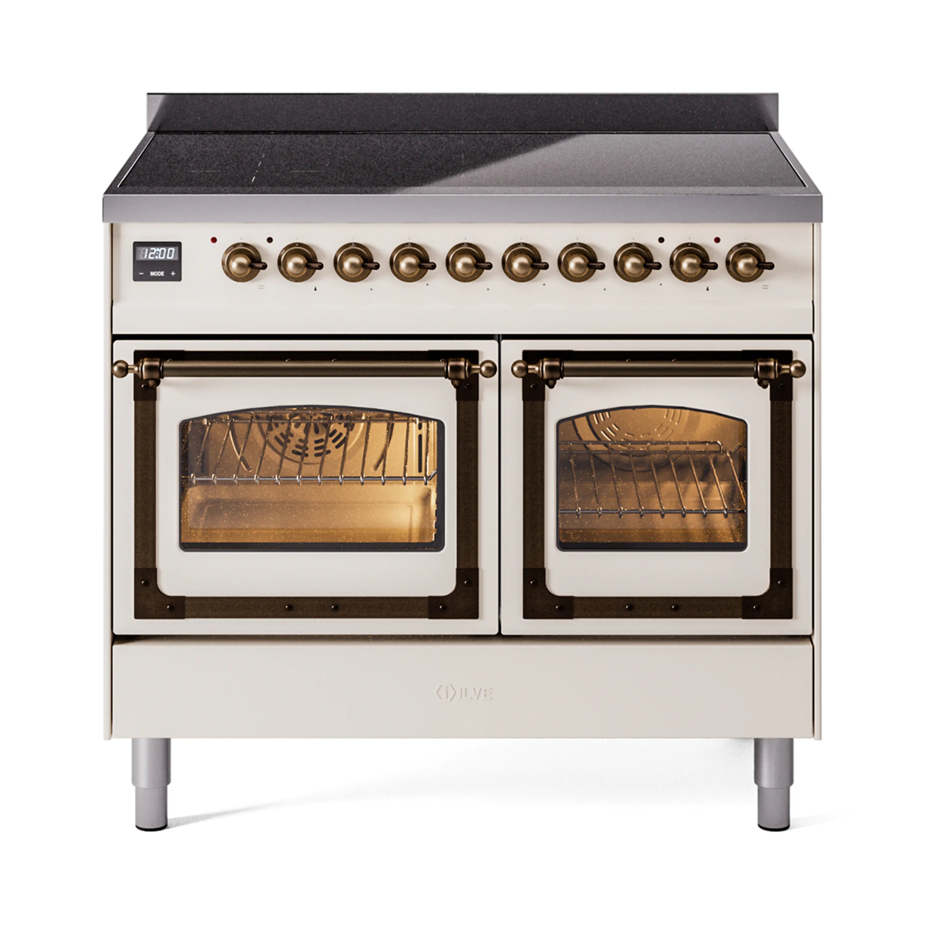 Antique white induction range with bronze-trim double doors and visible oven racks