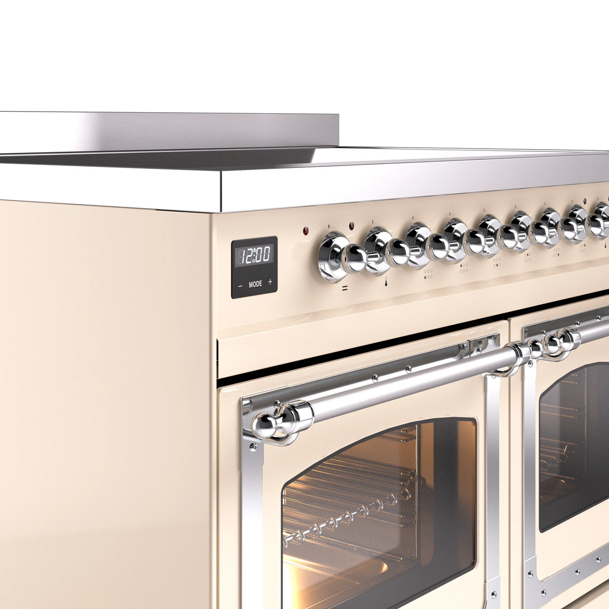 Antique white induction range control knobs and digital display above oven doors