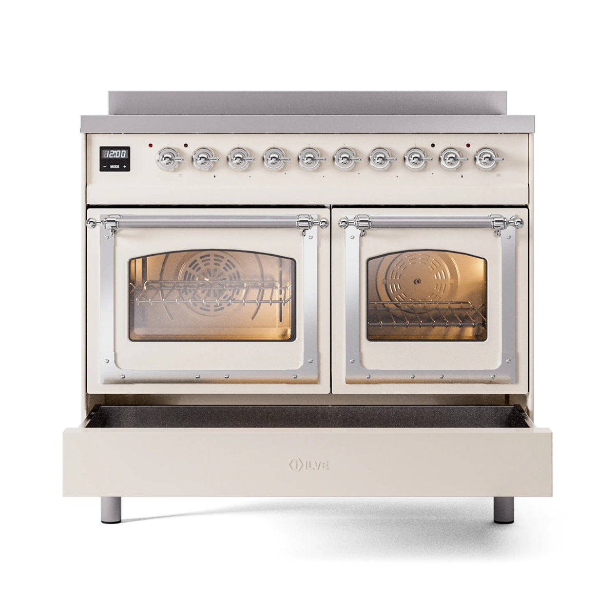 Antique white induction range with two closed oven doors and chrome handle bars