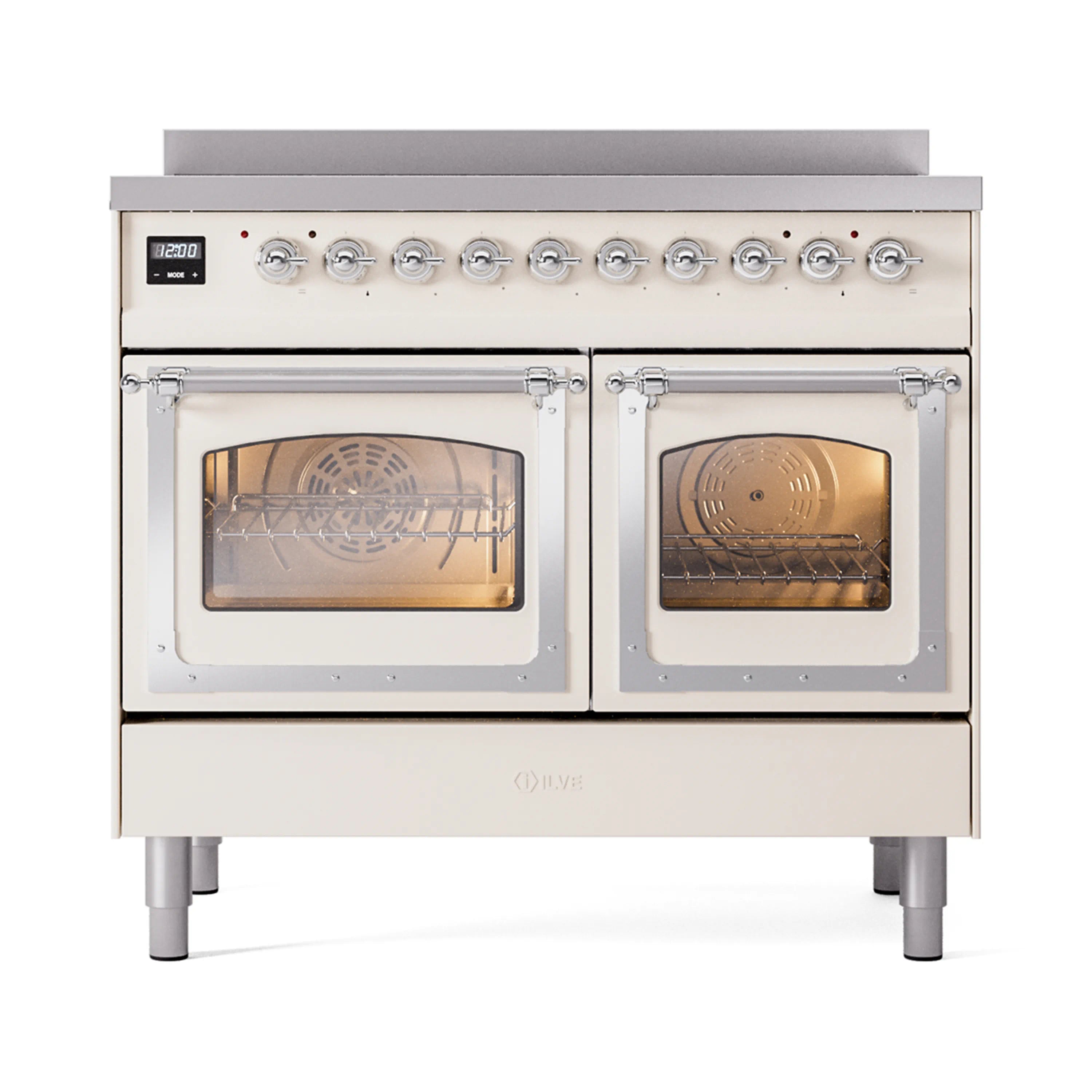 Antique white induction range with two oven doors and triple glass viewing windows