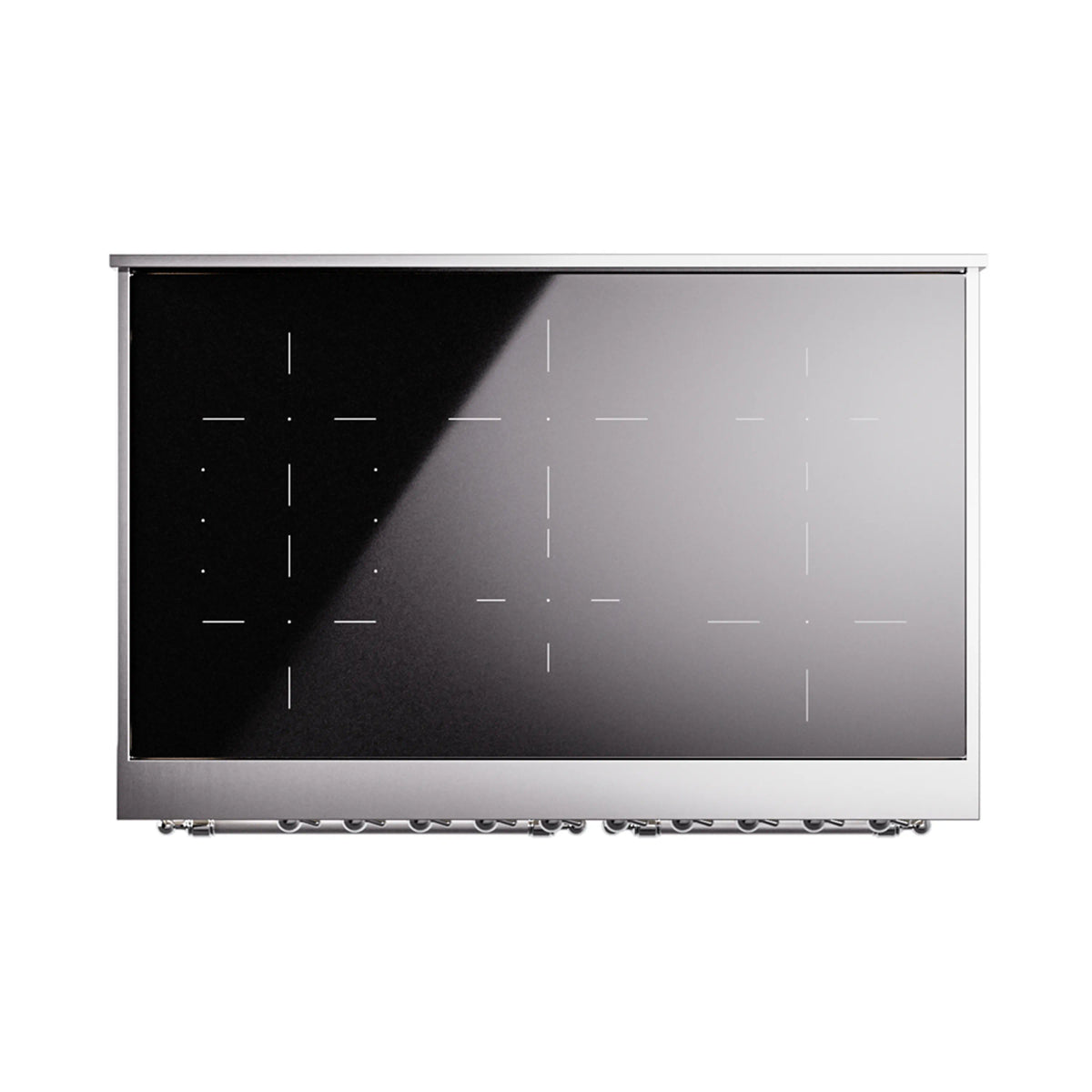 Induction cooktop panel with black glass surface and slim control markings