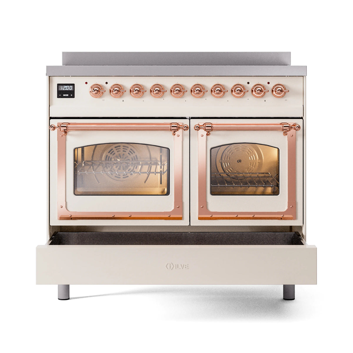 Antique white induction range with copper-trim triple glass doors and illuminated cooktop knobs.