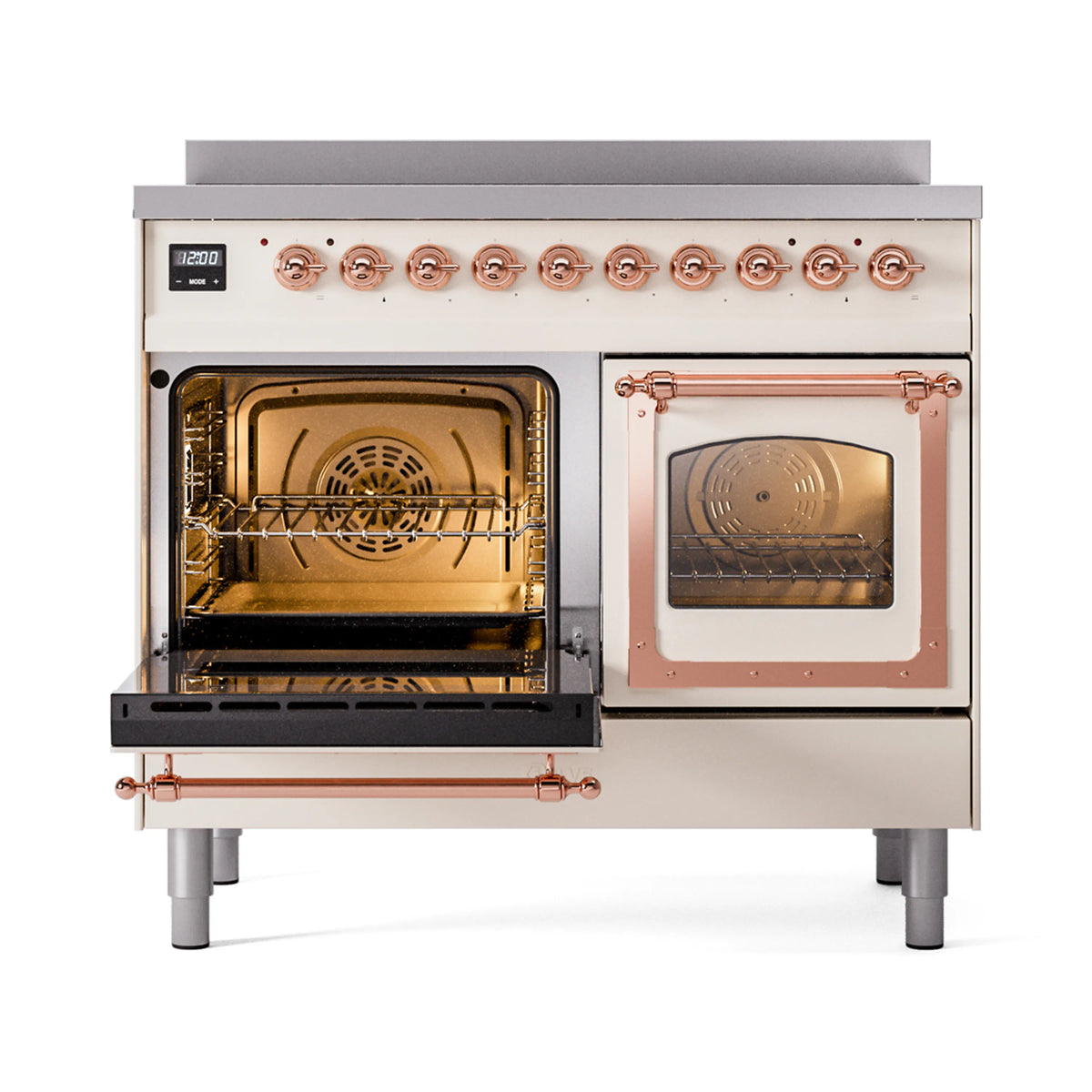 Antique white induction range with copper-trim triple glass oven doors, left door open.