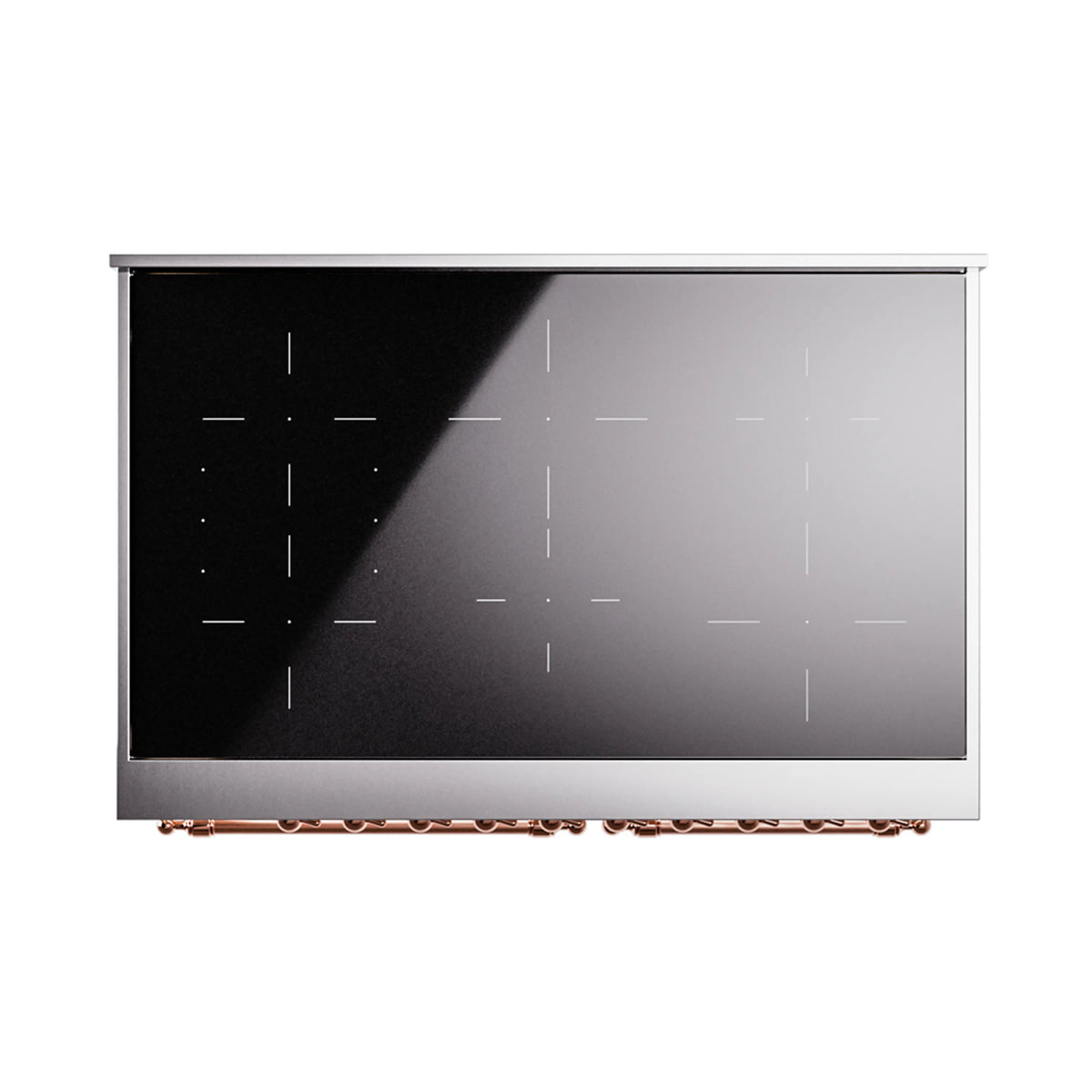 Induction range cooktop glass panel with faint zone markings and copper control trim.
