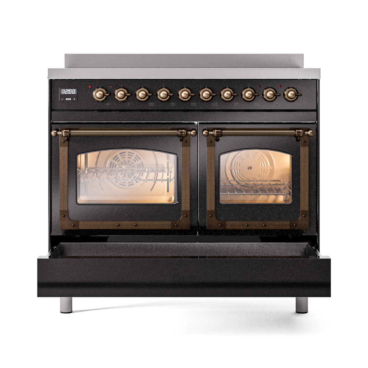 Glossy black induction range with bronze-trim double ovens, doors closed and interiors visible