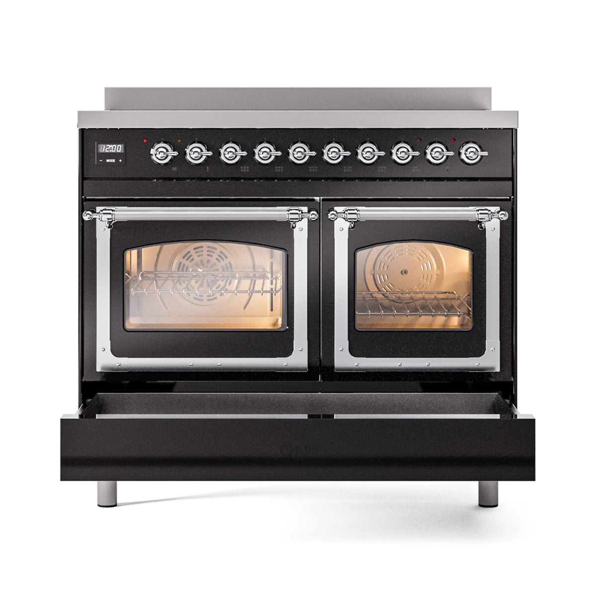 Glossy black induction range with closed triple glass oven doors and chrome trim