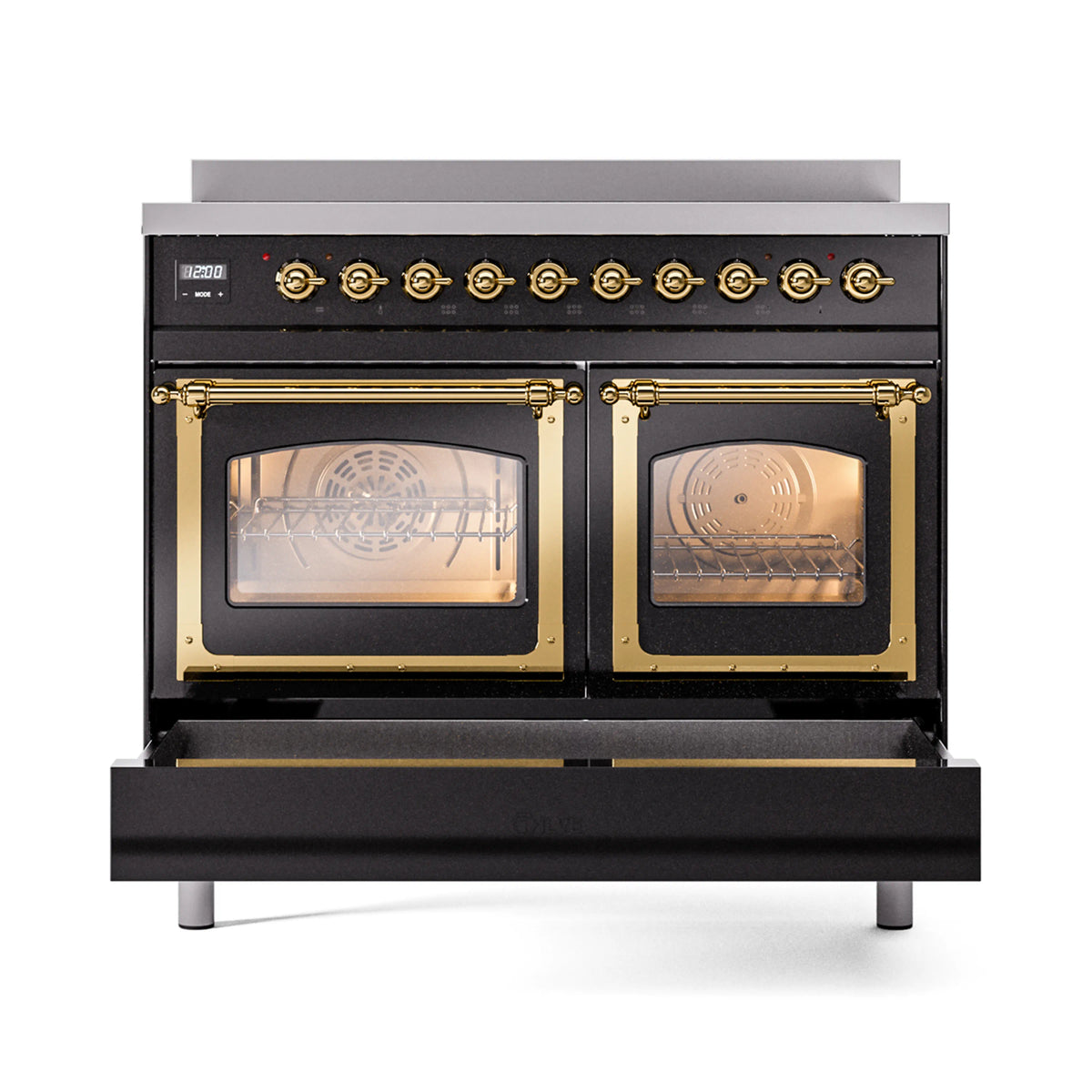 Glossy black induction range with brass trim, both oven doors open and interior racks visible