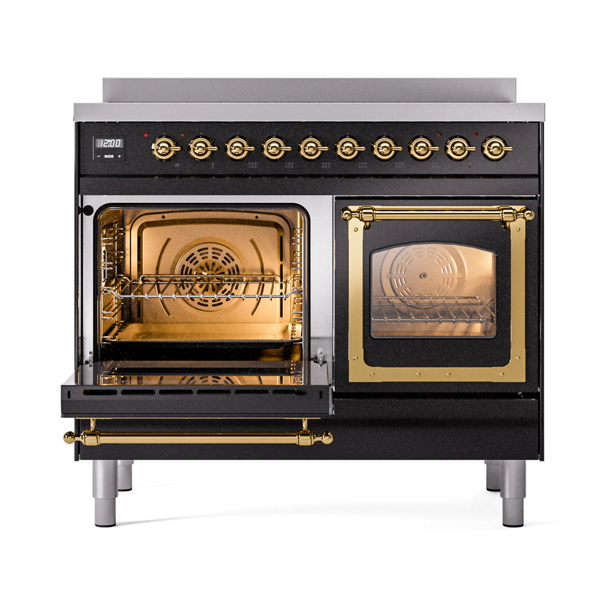 Glossy black induction range with brass trim, one oven door open and racks visible