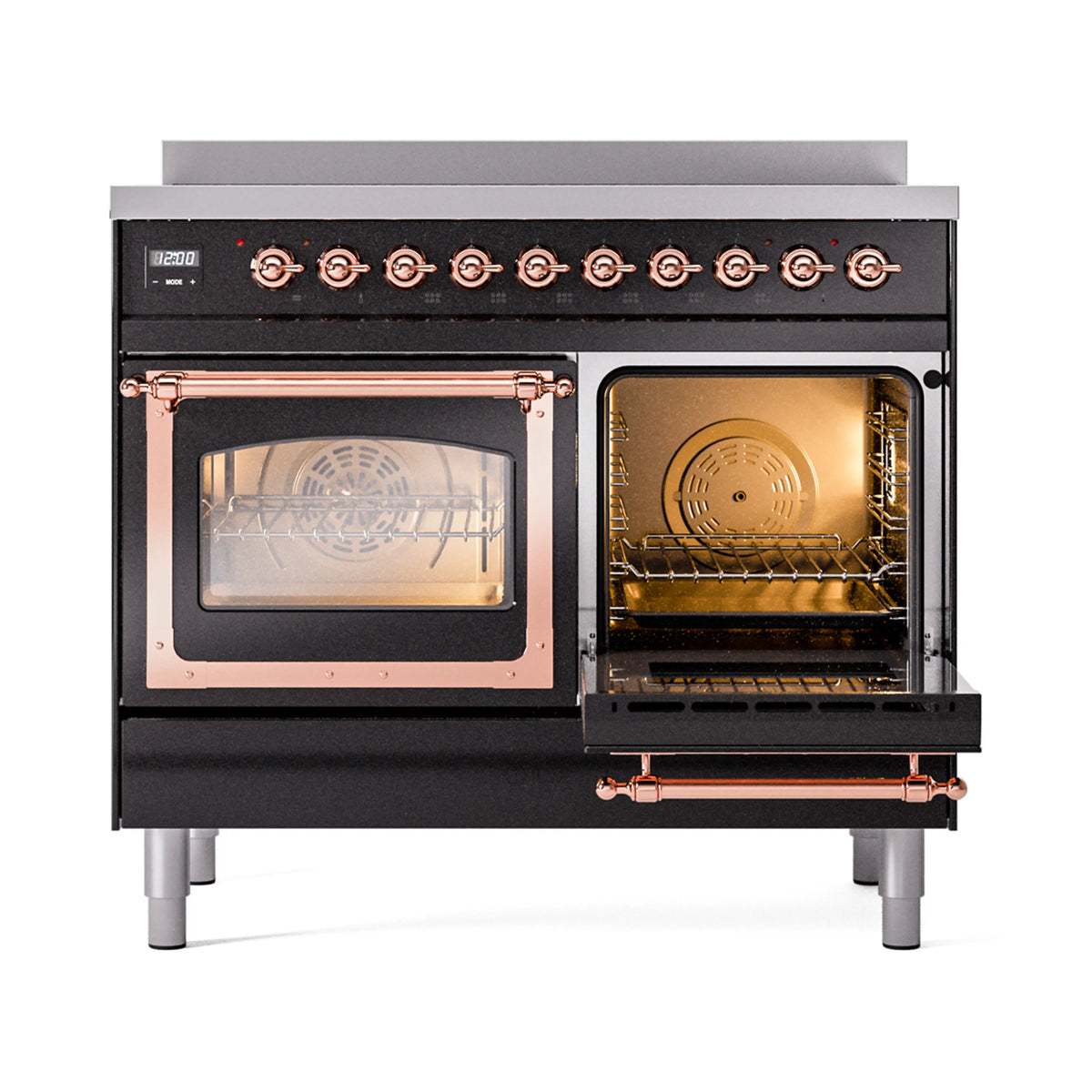 Glossy black induction range with one oven open showing interior racks and copper trim