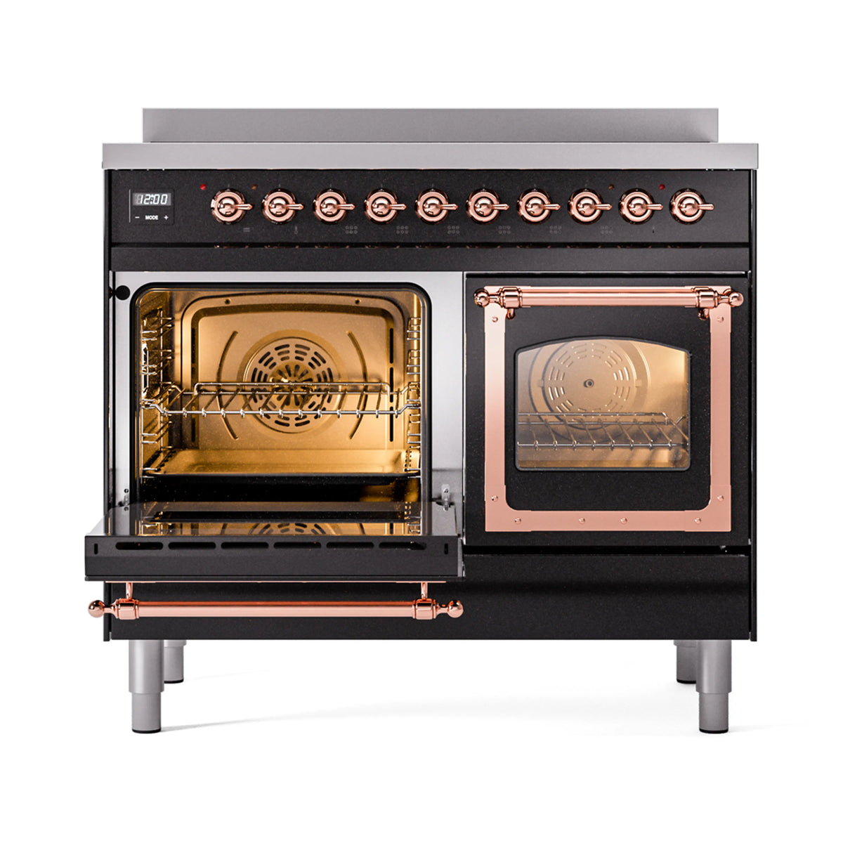 Glossy black induction range with oven door open, copper interior light, and racks