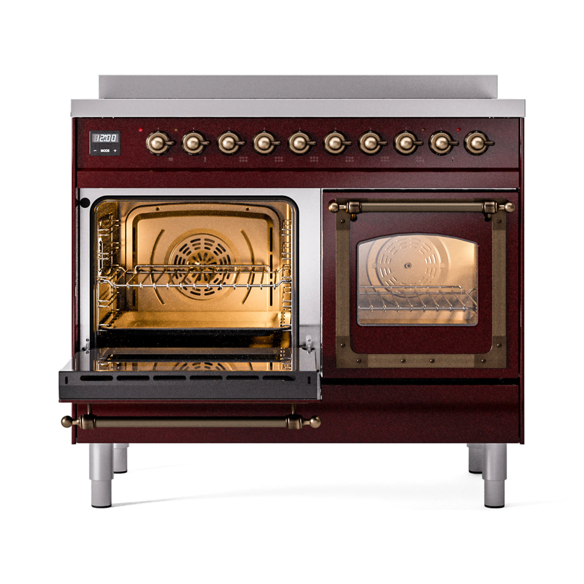 Burgundy induction range with bronze trim, open doors showing two oven interiors