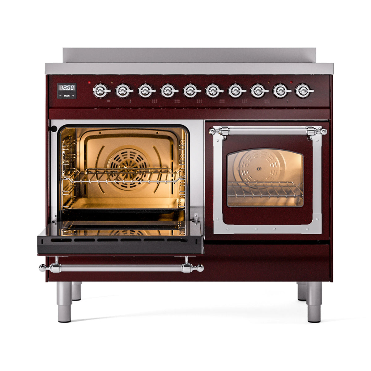 Burgundy induction range with triple glass oven doors and chrome control knobs.
