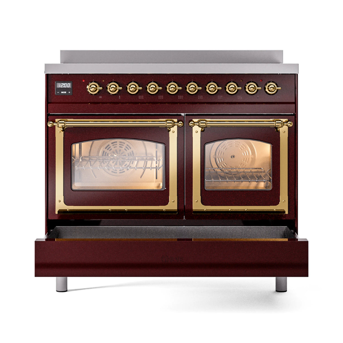 Burgundy induction range with glass oven doors and brass trim, burners visible