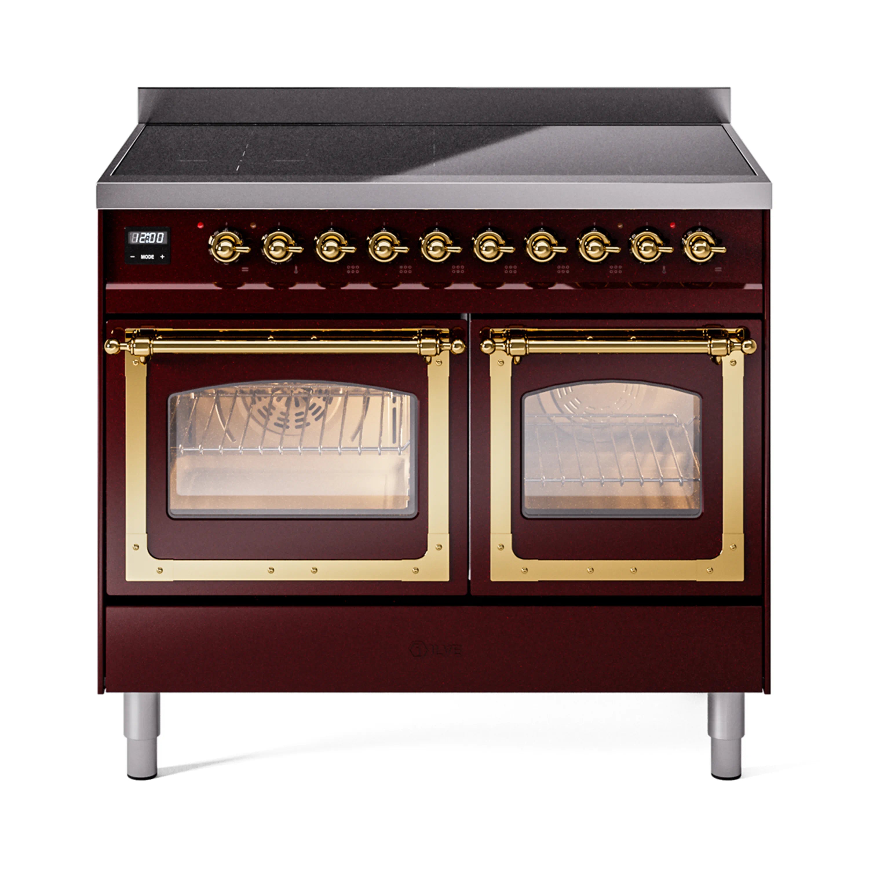 Burgundy induction range with triple glass doors and brass trim, front view