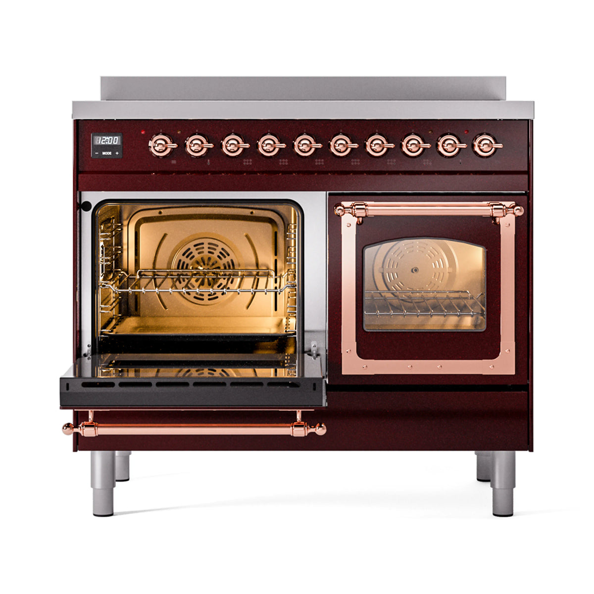 Burgundy induction range with both ovens open, illuminated interiors and copper trim