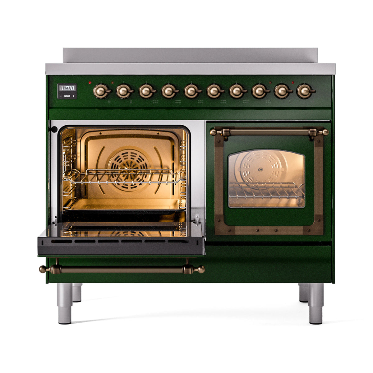 Emerald green induction range with left oven door open and right glass door closed
