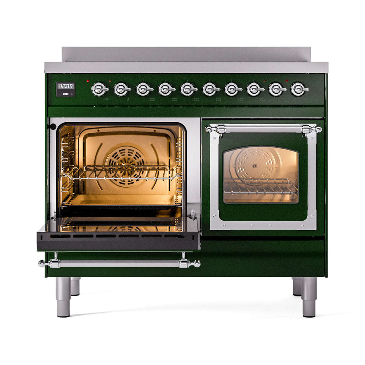 Emerald green induction range with chrome trim, left oven door open, right door closed