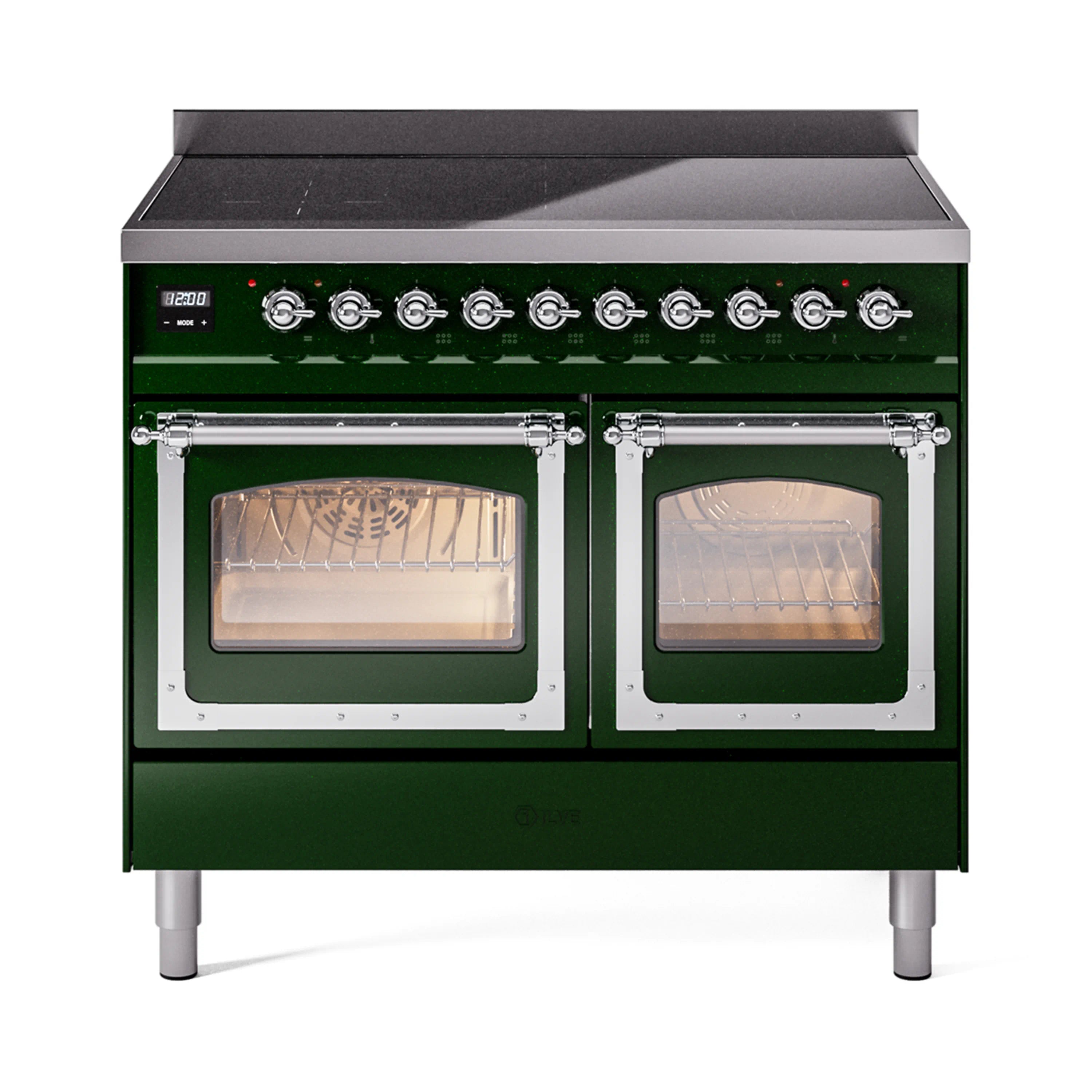 Emerald green induction range with chrome trim, twin glass oven doors and front controls