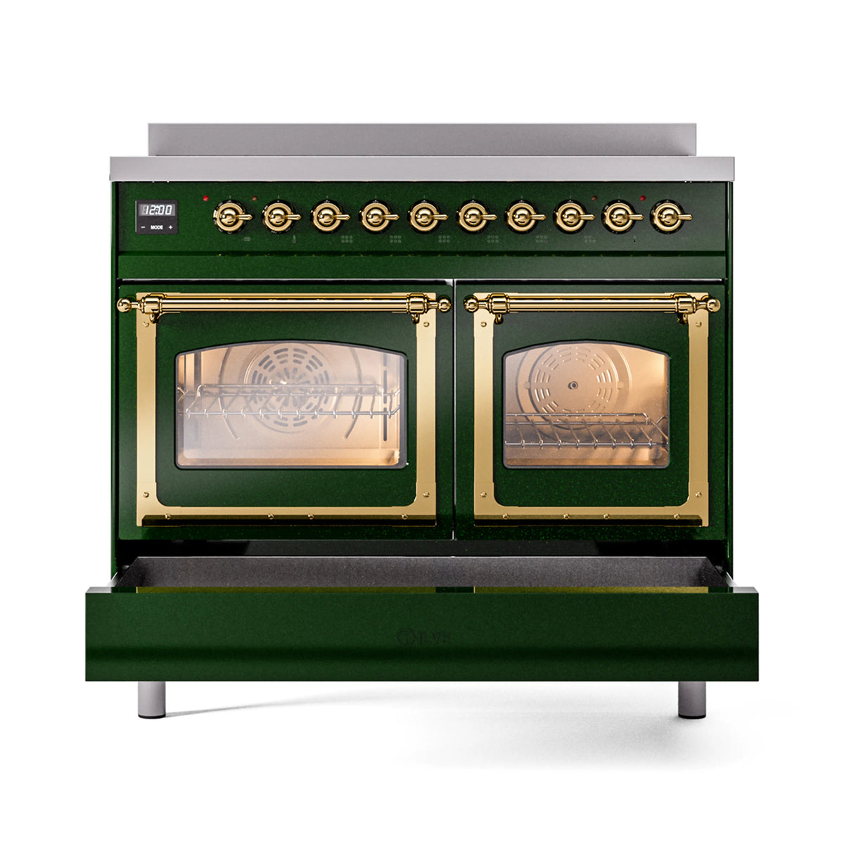 Emerald green range with brass trim, two glass oven windows, and control knobs across top